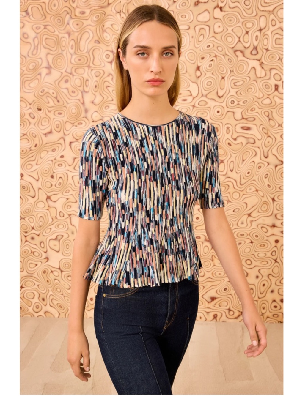 Ulla Johnson Samira Mulitcolor Short Sleeve Top Knitted Cotton Peplum, Small